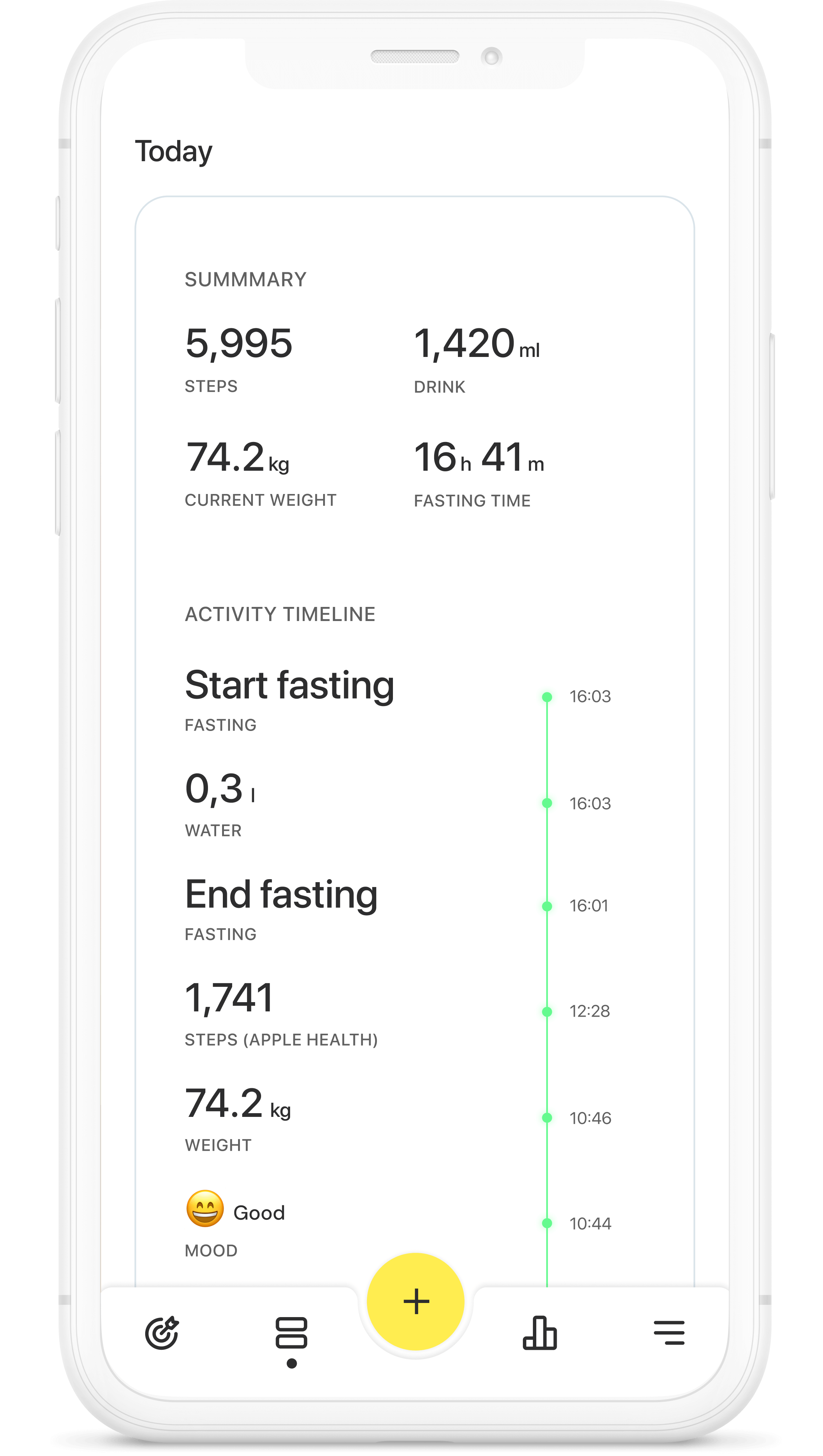 WAIT app — daily timeline showing fasting events, water and steps